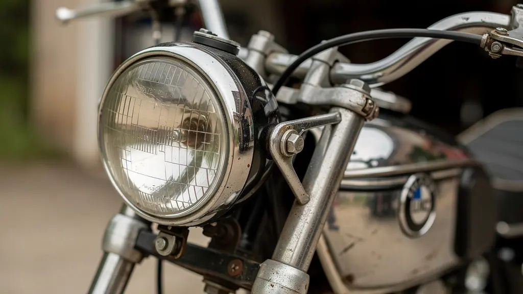 Gros plan sur phare rond et guidon chromé d'une moto vintage années 70