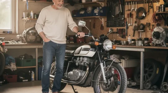 Propriétaire admirant sa moto ancienne des années 70 dans son garage personnel