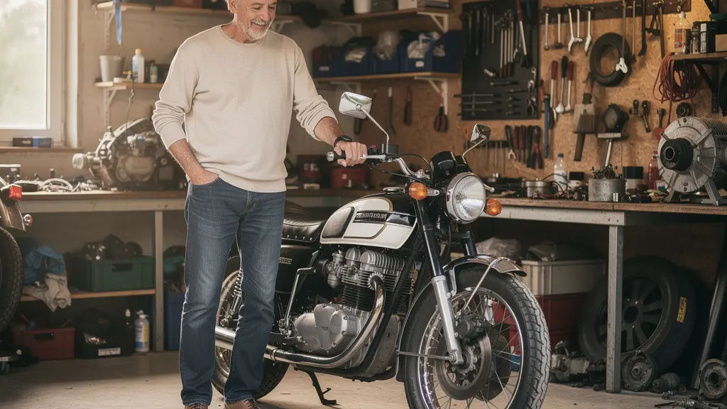 Propriétaire admirant sa moto ancienne des années 70 dans son garage personnel