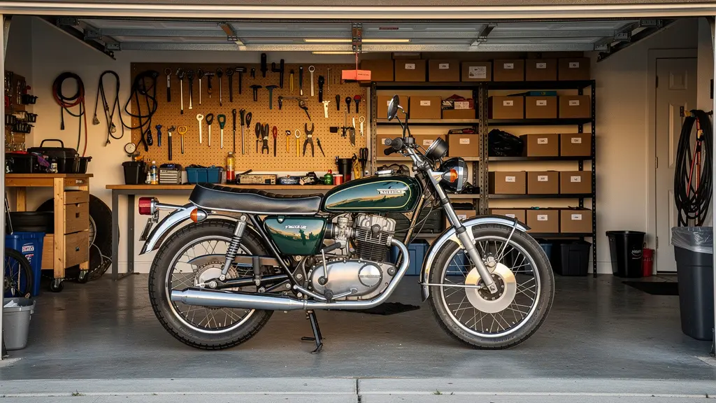 Moto ancienne années 70 stationnée dans un garage fermé et organisé Moto ancienne années 70 stationnée dans un garage fermé et organisé