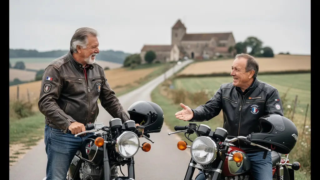 Deux motards discutant à côté de leurs motos vintage lors d'une sortie club Deux motards discutant à côté de leurs motos vintage lors d'une sortie club
